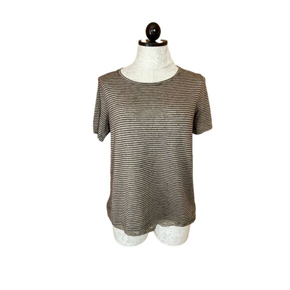 Jolt Short Sleeve Striped Top Keyhole Back round Neck Pullover Black Beige M - Picture 1 of 7